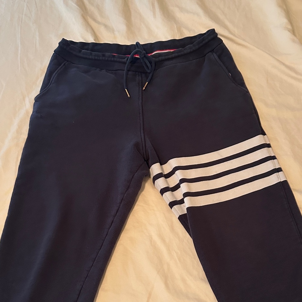 Thom Browne Navy Sweatpants with White Stripe Detail
